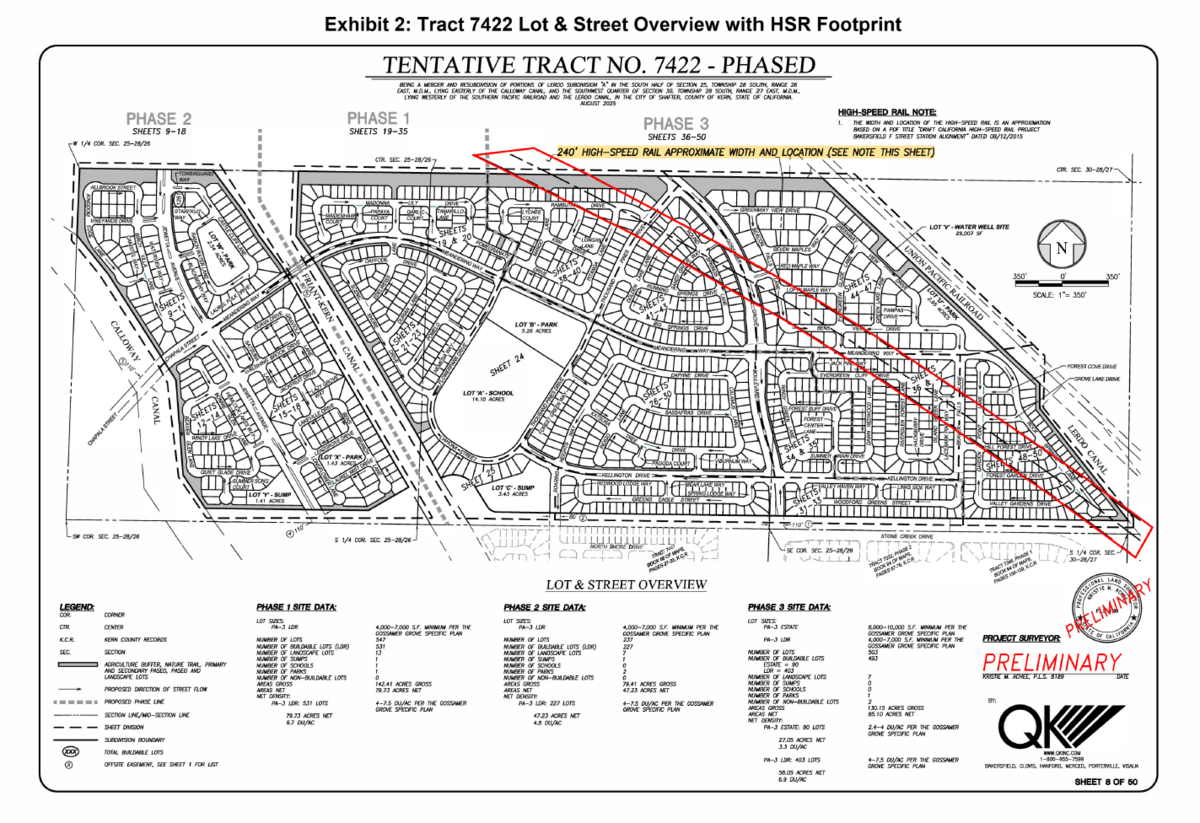 A map shows the conflict between the California high-speed rail alignment and a Lennar Homes plan to build a new neighborhood in the Gossamer Grove area of Shafter. The rail alignment is in red.